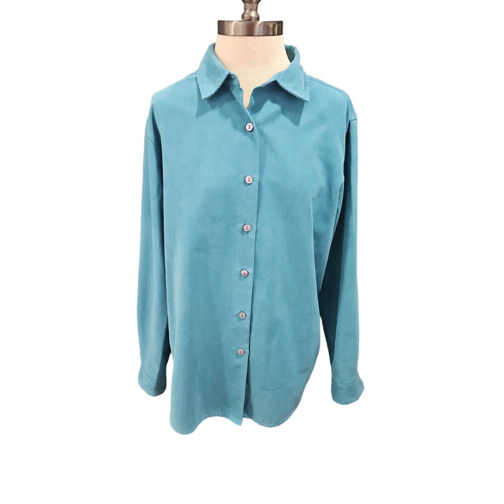 Women's Sz L L.L. Bean Button Down Long Sleeve Teal Blue Top Soft Suede Feel